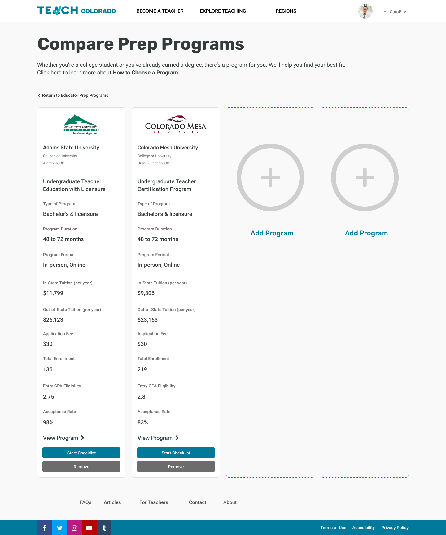 Compare page allows users to compare programs